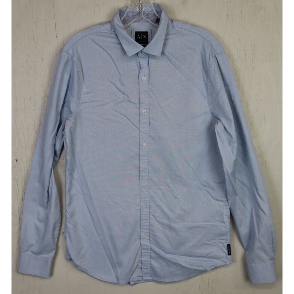 Mens Armani Exchange AX Solid Blue Button Front Shirt Blue Size M Slim Cotton